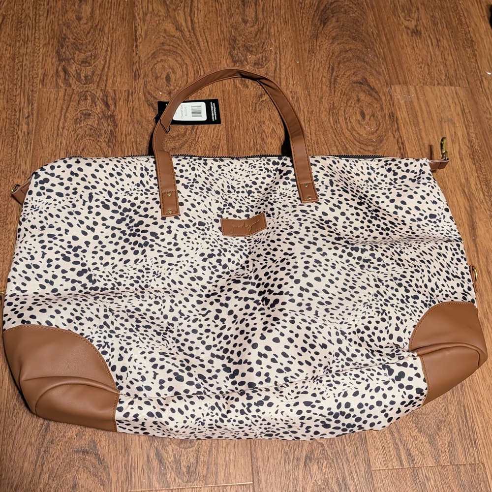 Jadyn Cream and Black Spotted Tote with Brown Trim
